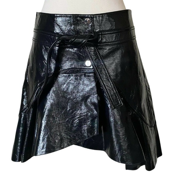 MAJE Faux Cuir Vinyl Skirt Jupe Leather Black Asymmetrical Mini Belt 40 Med NWT - Picture 3 of 11